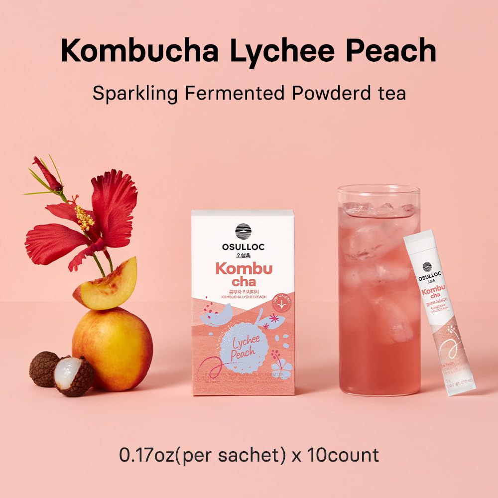 Osulloc LycheePeach Kombucha in a chilled glass showing fizz and fruit notes