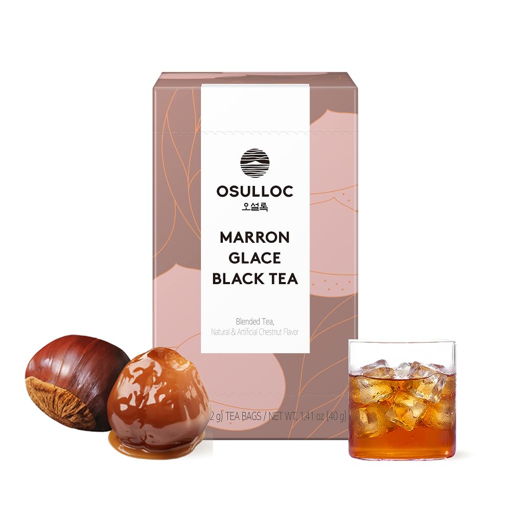 Osulloc Marron Glacé Black Tea box front, premium packaging suitable for gifting.