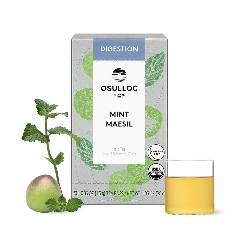Osulloc Mint Maesil tea packfront showcases a refreshing blend for post-meal relaxation.