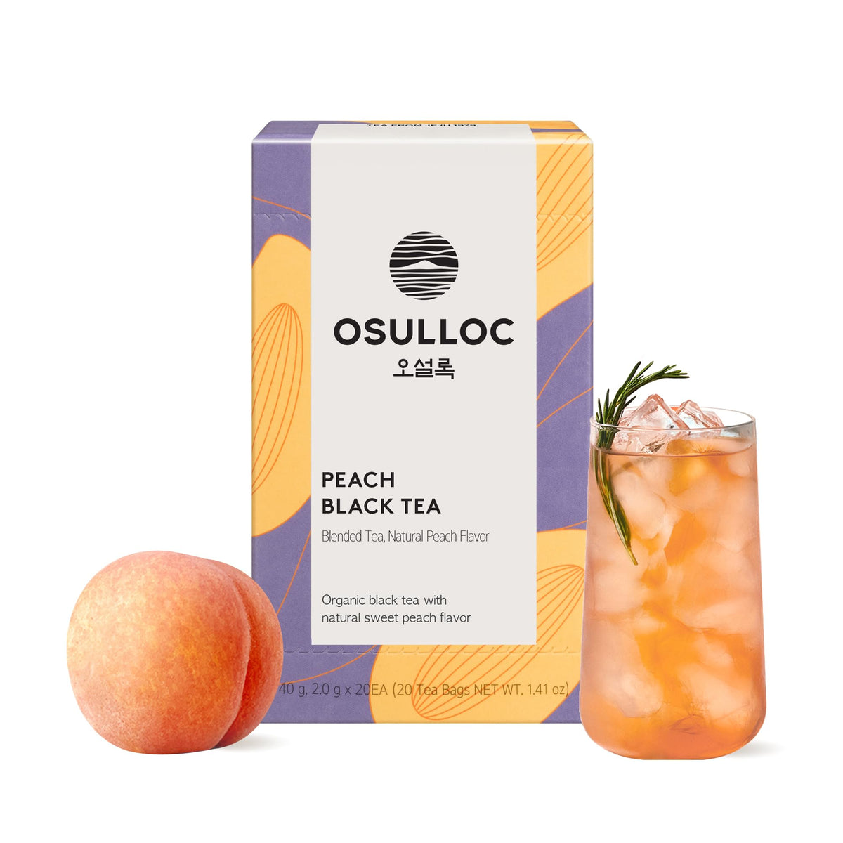 Osulloc Peach Black Tea packaging highlighting premium Jeju blend for home brewing.