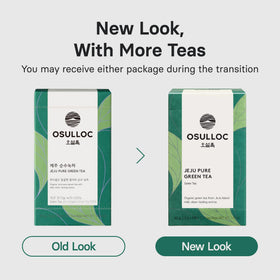 Osulloc Pure Green Tea teabag box on counter evokes a premium Jeju tea ritual.