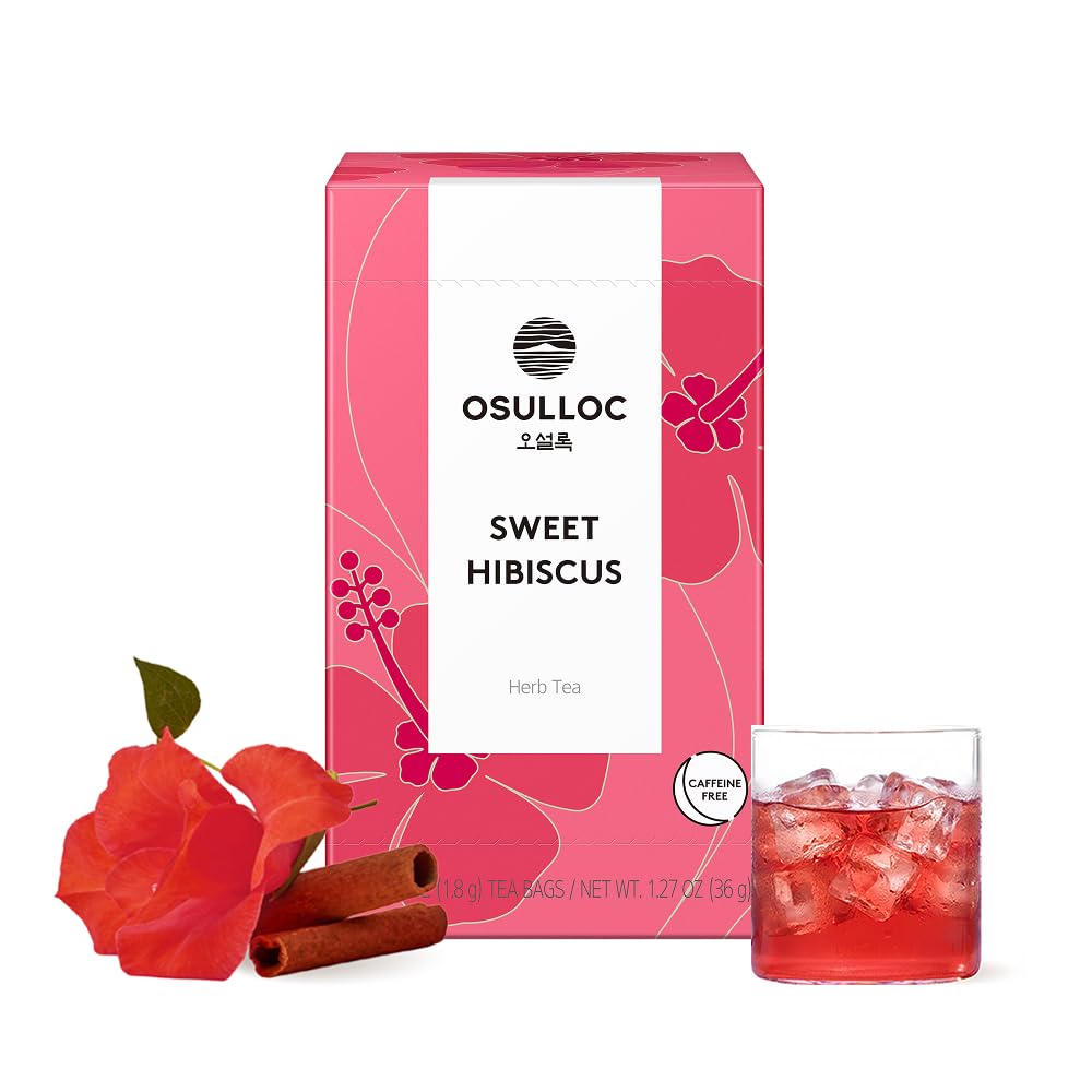 Osulloc Sweet Hibiscus tea bags with lemon and cinnamon notes for cozy cups.
