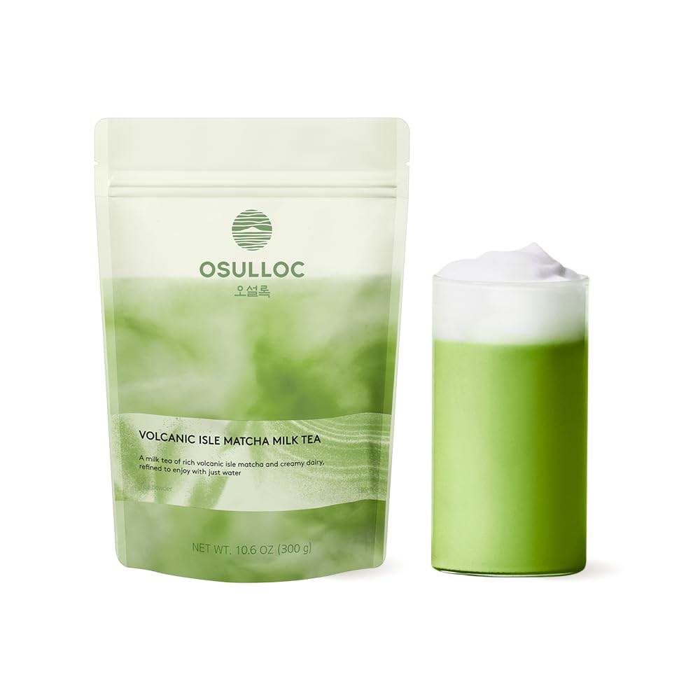 OSULLOC volcanic isle matcha packaging easy shelf-to-cup setup for cafe-quality latte at home