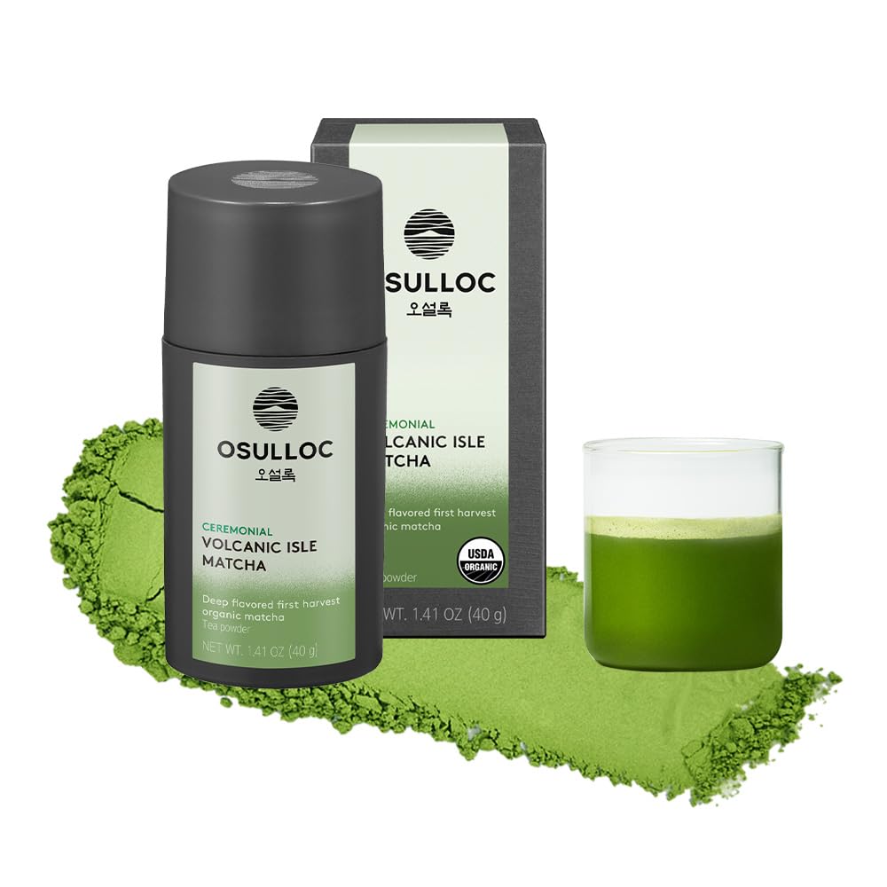 OSULLOC Volcanic Isle Matcha packaging highlights premium ceremonial grade quality.