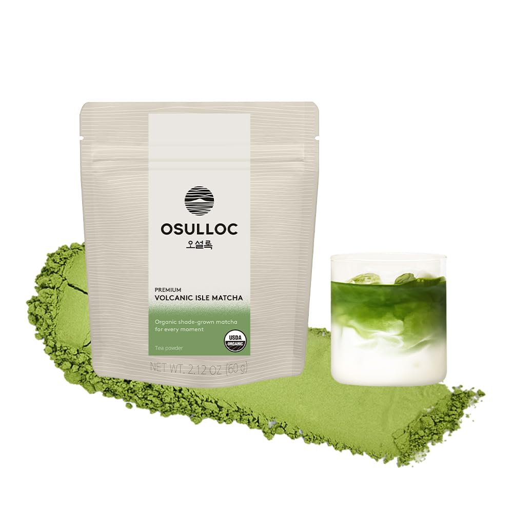 Osulloc Volcanic Isle Matcha tin front view, premium packaging for gifting