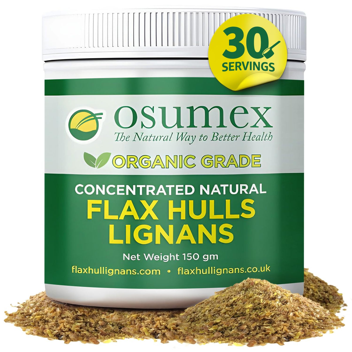 Osumex flax hull powder bottle showing pure hull formula for daily antioxidant support