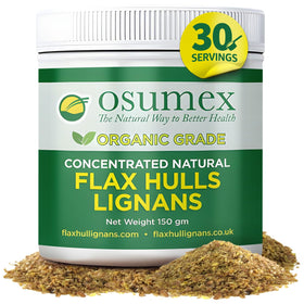 Osumex flax hull powder bottle showing pure hull formula for daily antioxidant support
