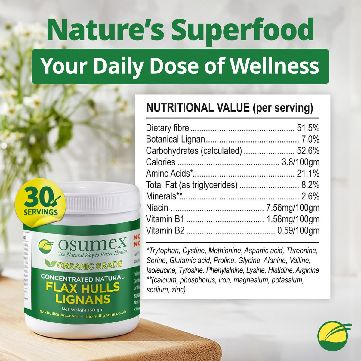 Osumex flax hull powder atop oats for fiber-rich breakfast