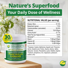 Osumex flax hull powder atop oats for fiber-rich breakfast