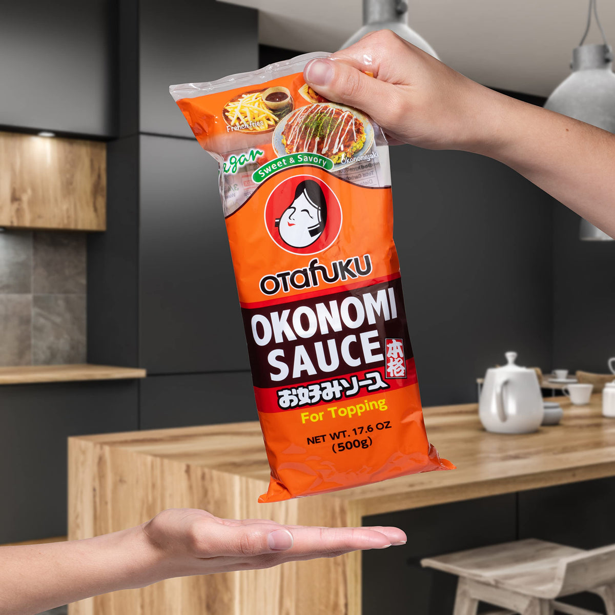 Otafuku Okonomi Sauce setup on counter ready to season meals at home.