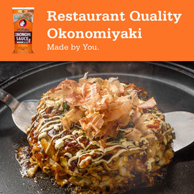 Otafuku Okonomi Sauce label closeup highlights ingredients and vegan recipe.