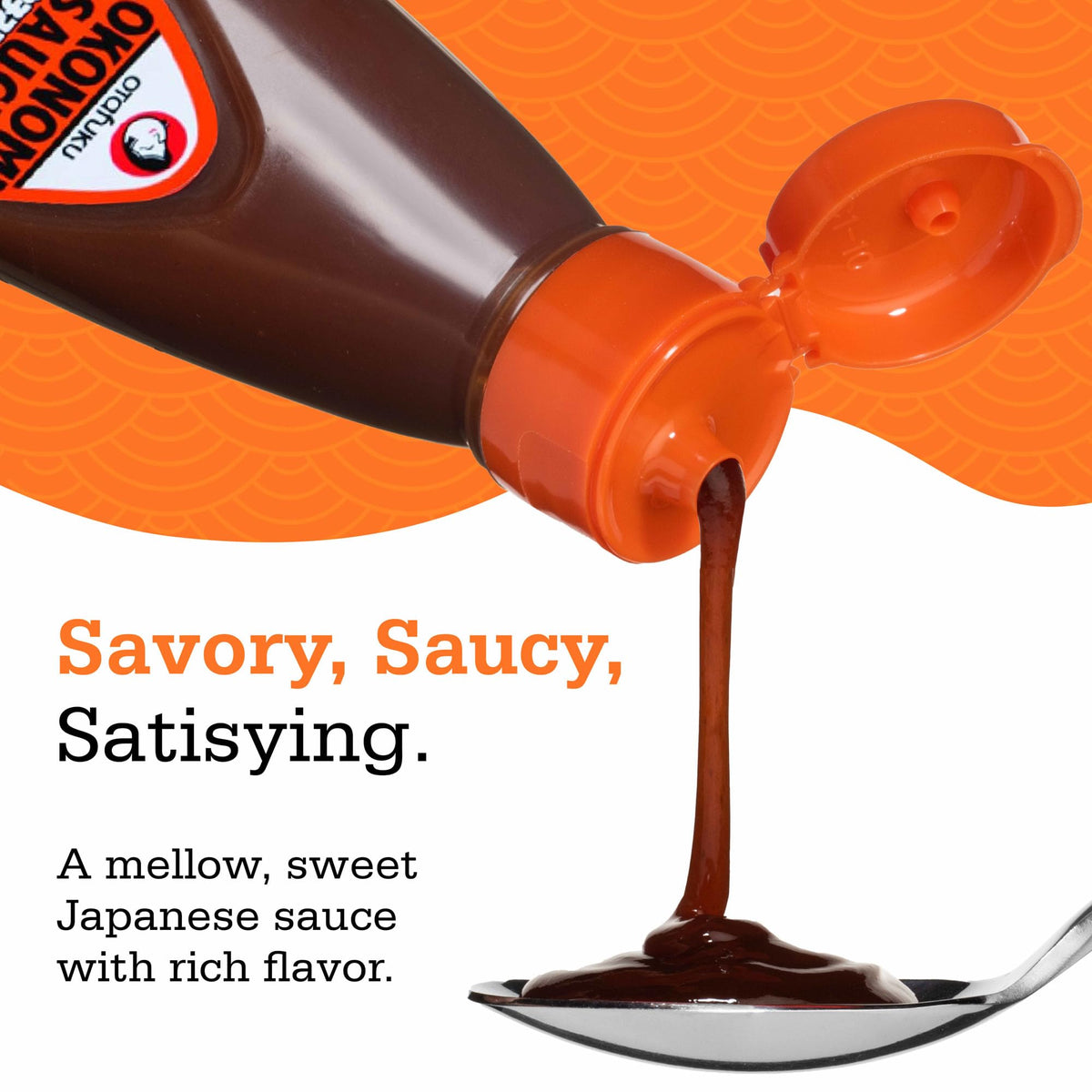 Otafuku Okonomi Sauce poured over pancake sweet-savory glaze ready to enjoy.