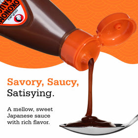 Otafuku Okonomi Sauce poured over pancake sweet-savory glaze ready to enjoy.