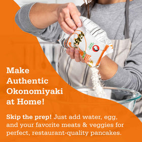 Otafuku Okonomiyaki pancake on griddle with golden edges.