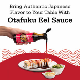 Otafuku eel sauce being poured to enhance sushi flavor.