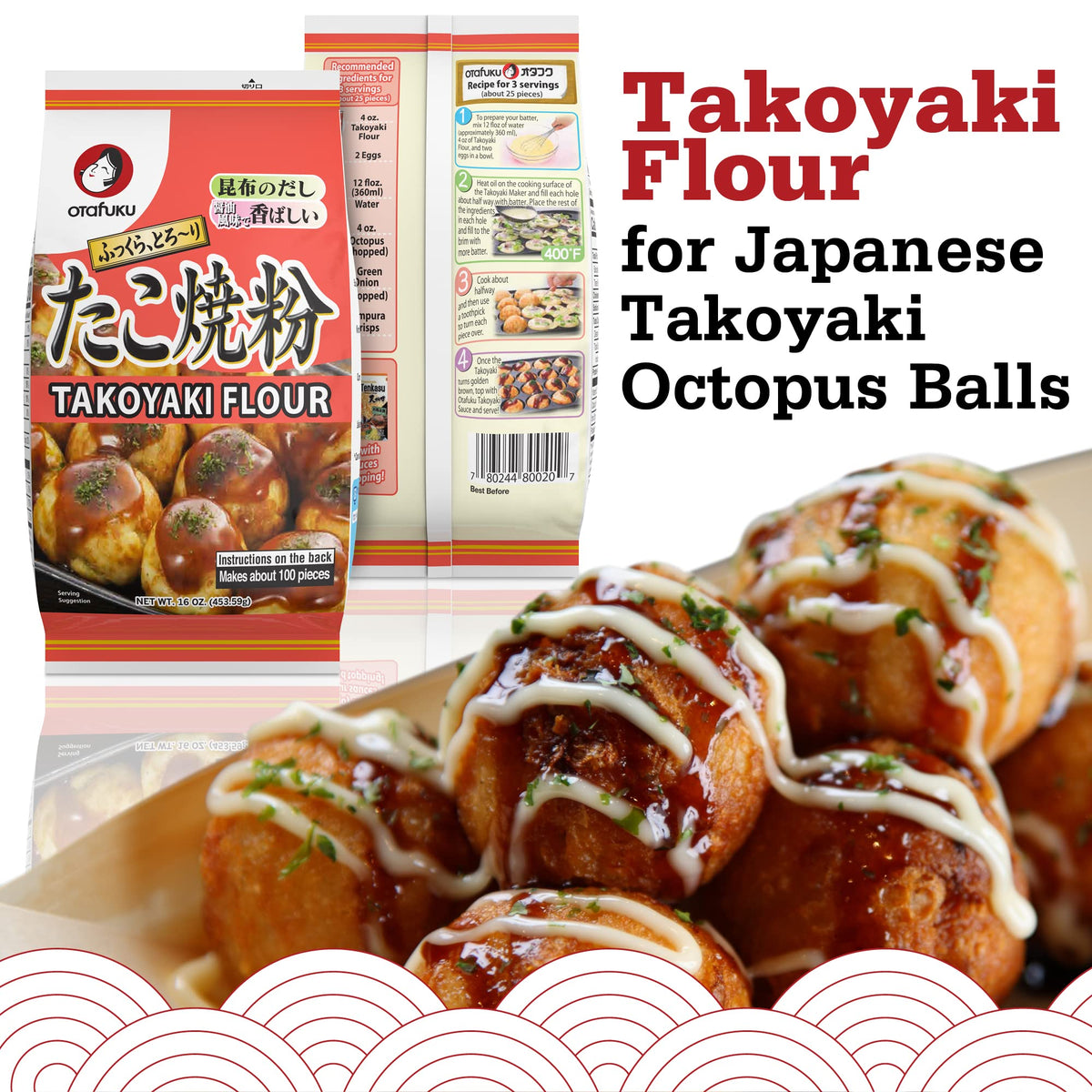 Otafuku Takoyaki flour packet close-up highlighting bonito and kombu dashi