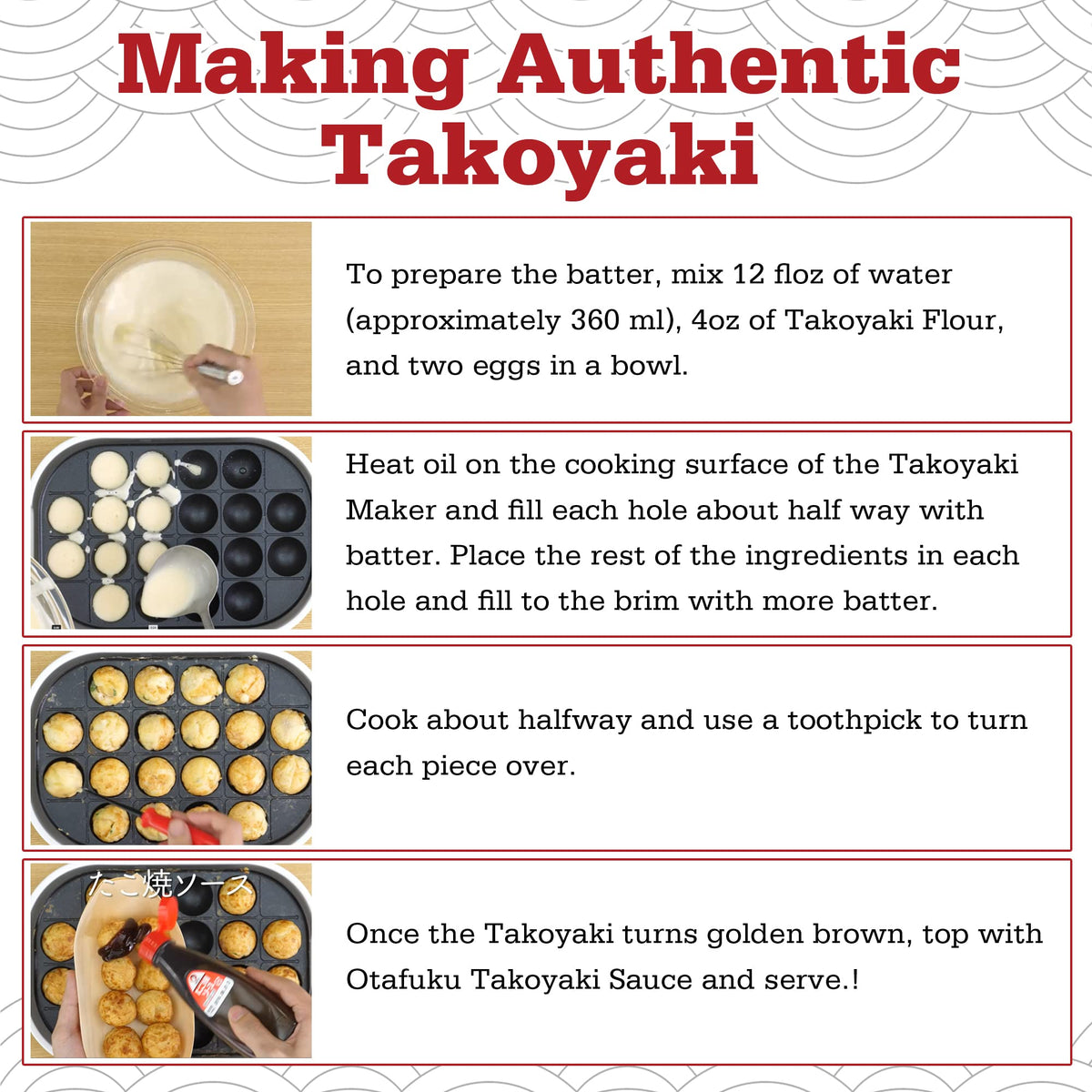 Otafuku takoyaki pan setup for evenly shaped balls