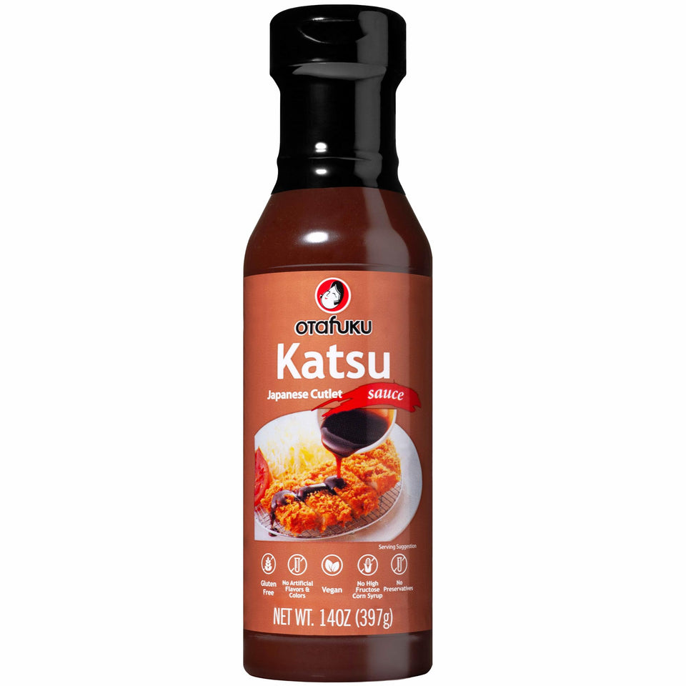 Otafuku Tonkatsu Sauce bottle on counter, ideal for dipping crispy pork cutlets.