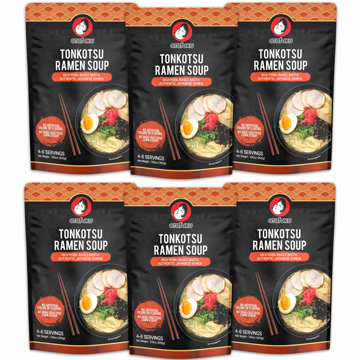 OTAFUKU Tonkotsu ramen broth packaging shows six-pack convenience for quick meals.