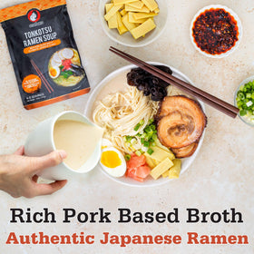 Pouring concentrate into pot to create authentic tonkotsu ramen at home.