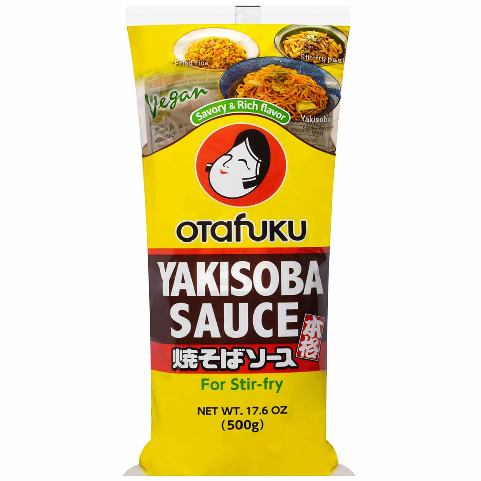 Otafuku Yakisoba Sauce bottle delivers rich umami for quick stir-fries.