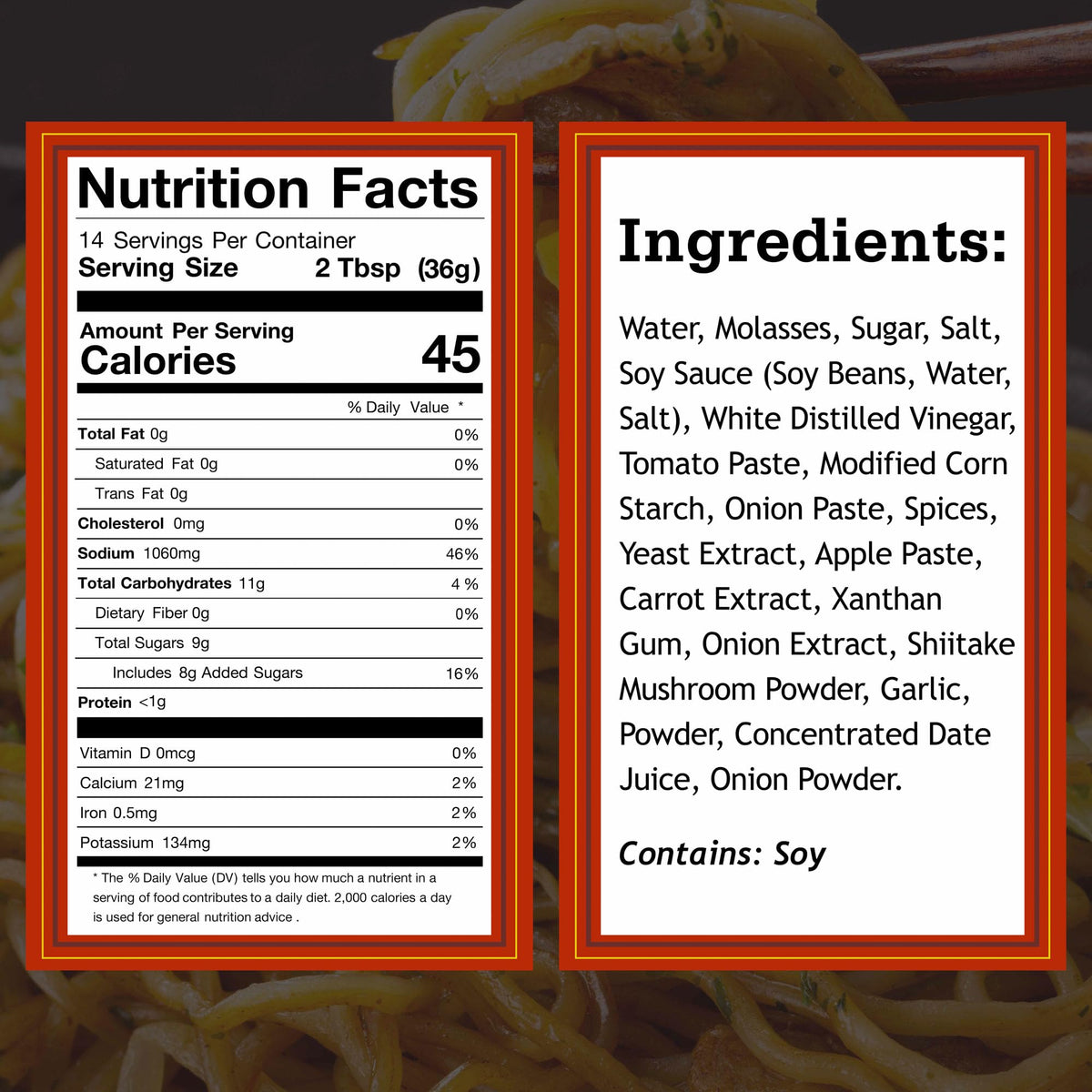 Close-up of Otafuku Yakisoba Sauce ingredients highlighting natural flavors.