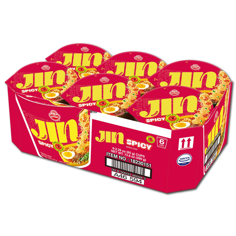 OTOKI Jin Ramen Spicy Cup broth-steam highlights rich flavor for quick meals.