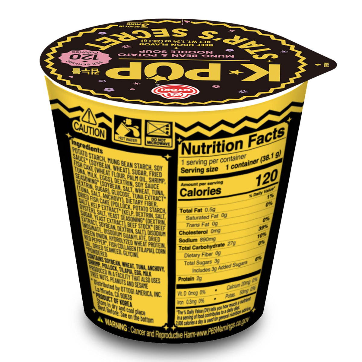 OTOKI K-POP Star's Secret Cup Noodle Beef Udon ingredients close-up highlights mung bean texture.