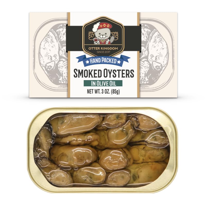 Otter Kingdom premium smoked oysters in olive oil can, ideal for tapas or quick gourmet bites.