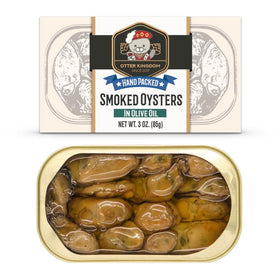 Otter Kingdom premium smoked oysters in olive oil can, ideal for tapas or quick gourmet bites.