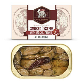Otter Kingdom premium smoked oysters in red chili olive oil cans ready for tapas and entertaining.