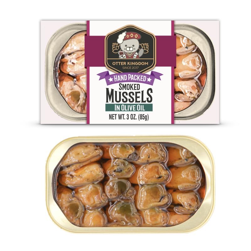 Otter Kingdom smoked mussels in olive oil cans show premium seafood quality.
