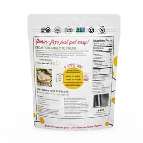 Otto's Naturals cassava flour package back shows ingredients and allergens.