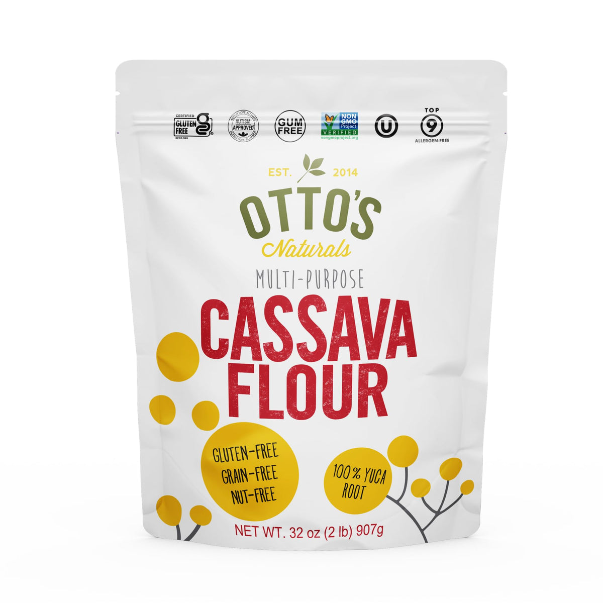 Otto's Naturals cassava flour package front highlights gluten-free baking options.
