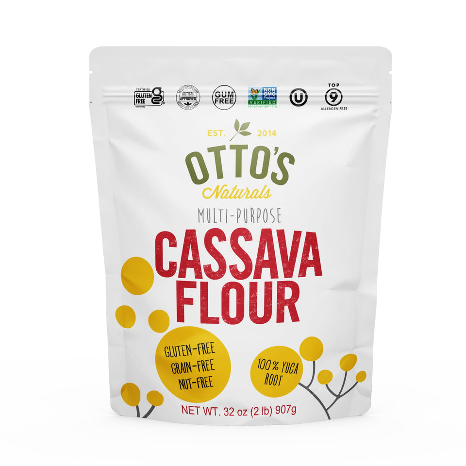 Otto's Naturals cassava flour package front highlights gluten-free baking options.