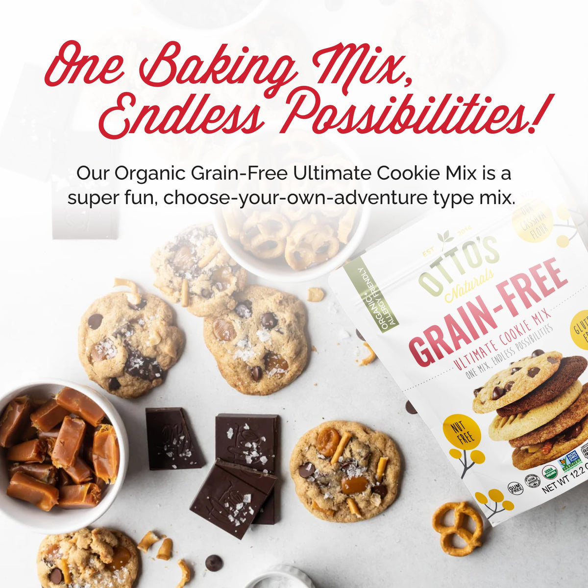 Chocolate chip cookie dough balls formed from Otto's Naturals mix.