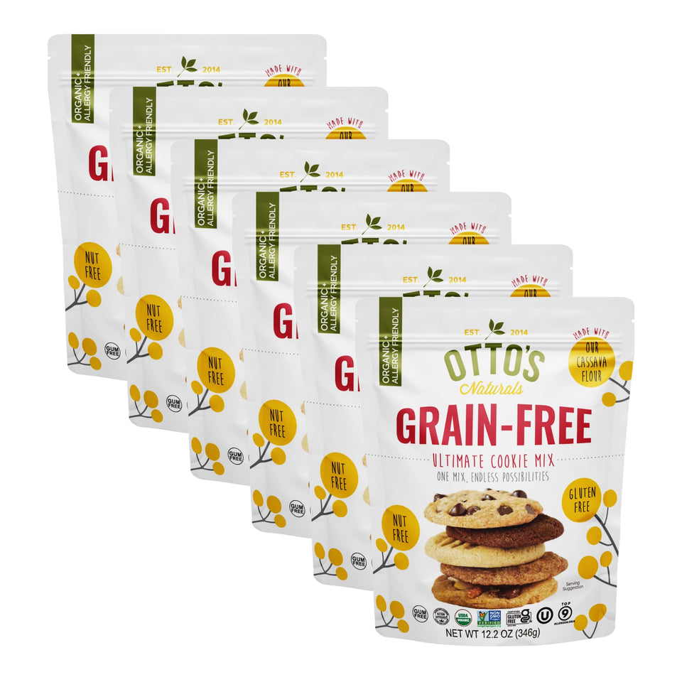 Otto's Naturals grain-free cookie mix packaging highlights organic, allergen-free ingredients.