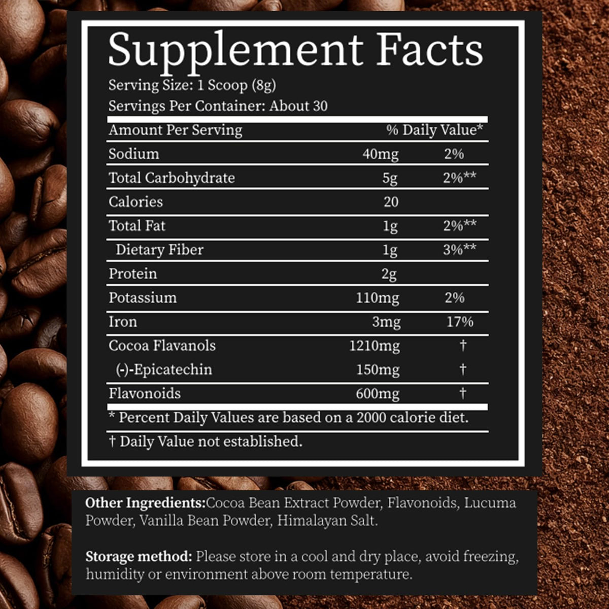 OUHENGTEK scoop-measure cocoa powder demonstrates easy portioning for shakes and recipes.