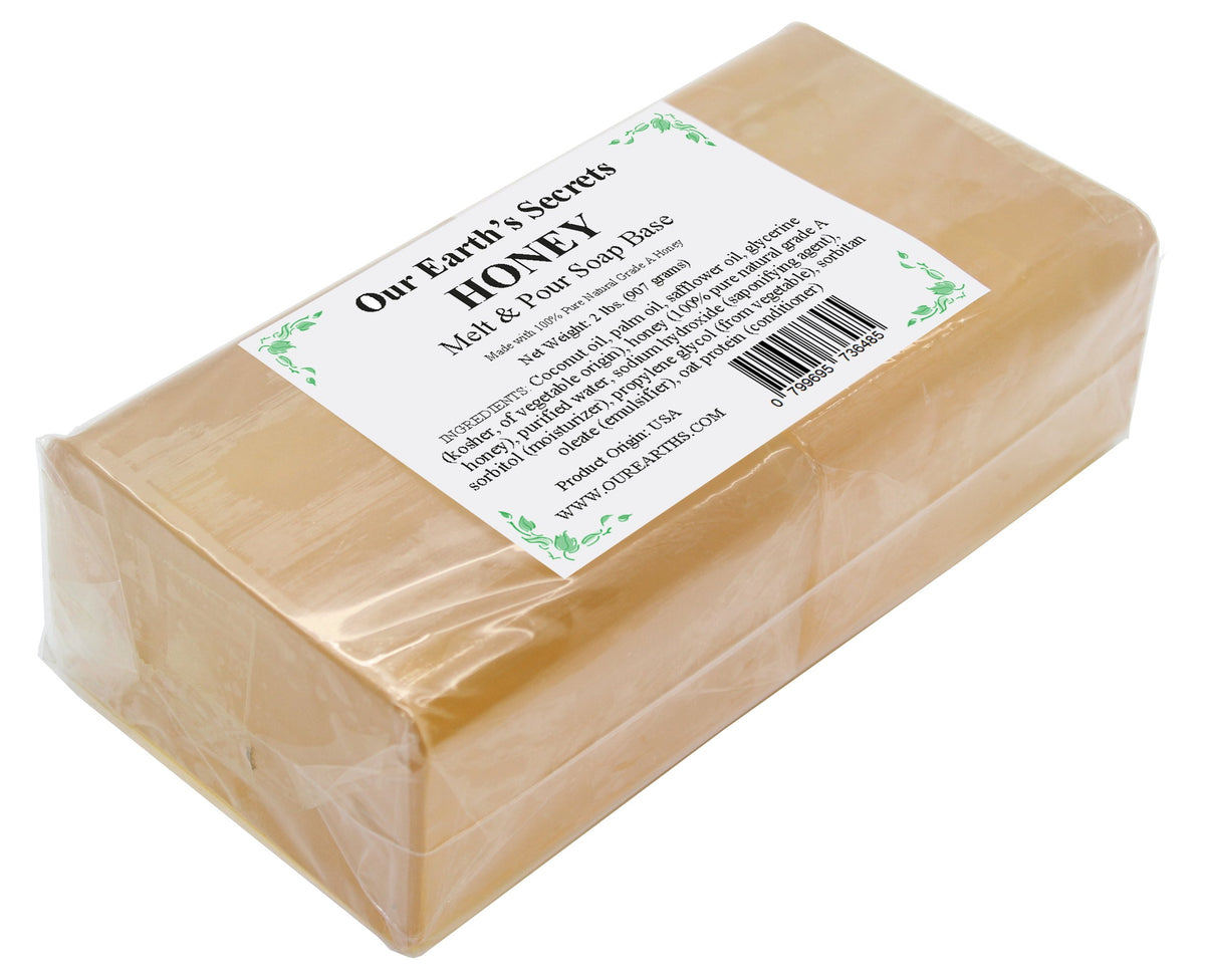 Our Earth's Secrets Honey Melt and Pour Base ingredients label highlighting natural oils and honey.