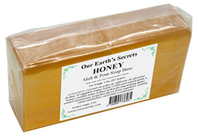 Our Earth's Secrets Honey Melt and Pour Base packaging, USA-made, for small-batch crafts.