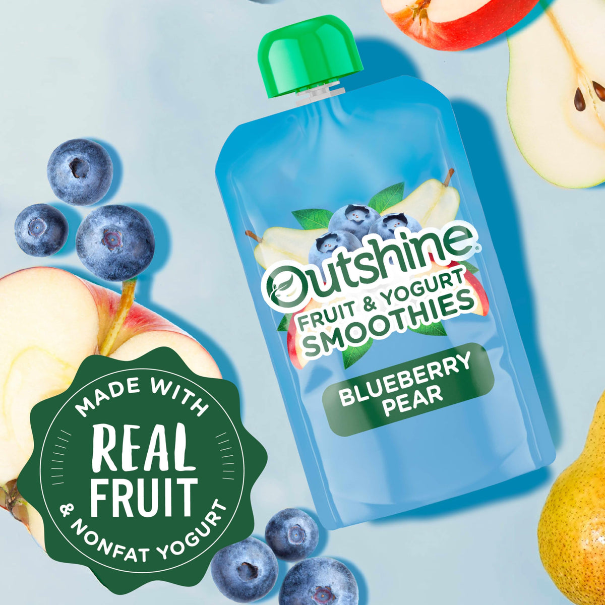 Outshine pouch shown as refrigeration-free, ideal for travel and busy days
