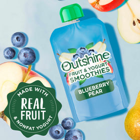 Outshine pouch shown as refrigeration-free, ideal for travel and busy days