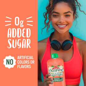Outshine Smoothie Raspberry Peach pouch pouring into glass, convenient on-the-go refreshment