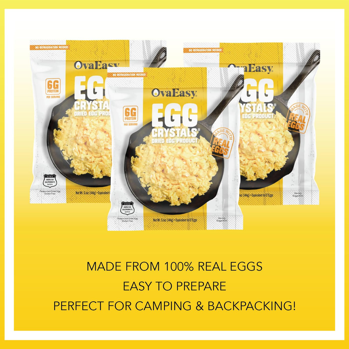 OvaEasy powdered eggs bags closeup highlighting convenient, resealable packaging.