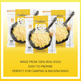 OvaEasy powdered eggs bags closeup highlighting convenient, resealable packaging.