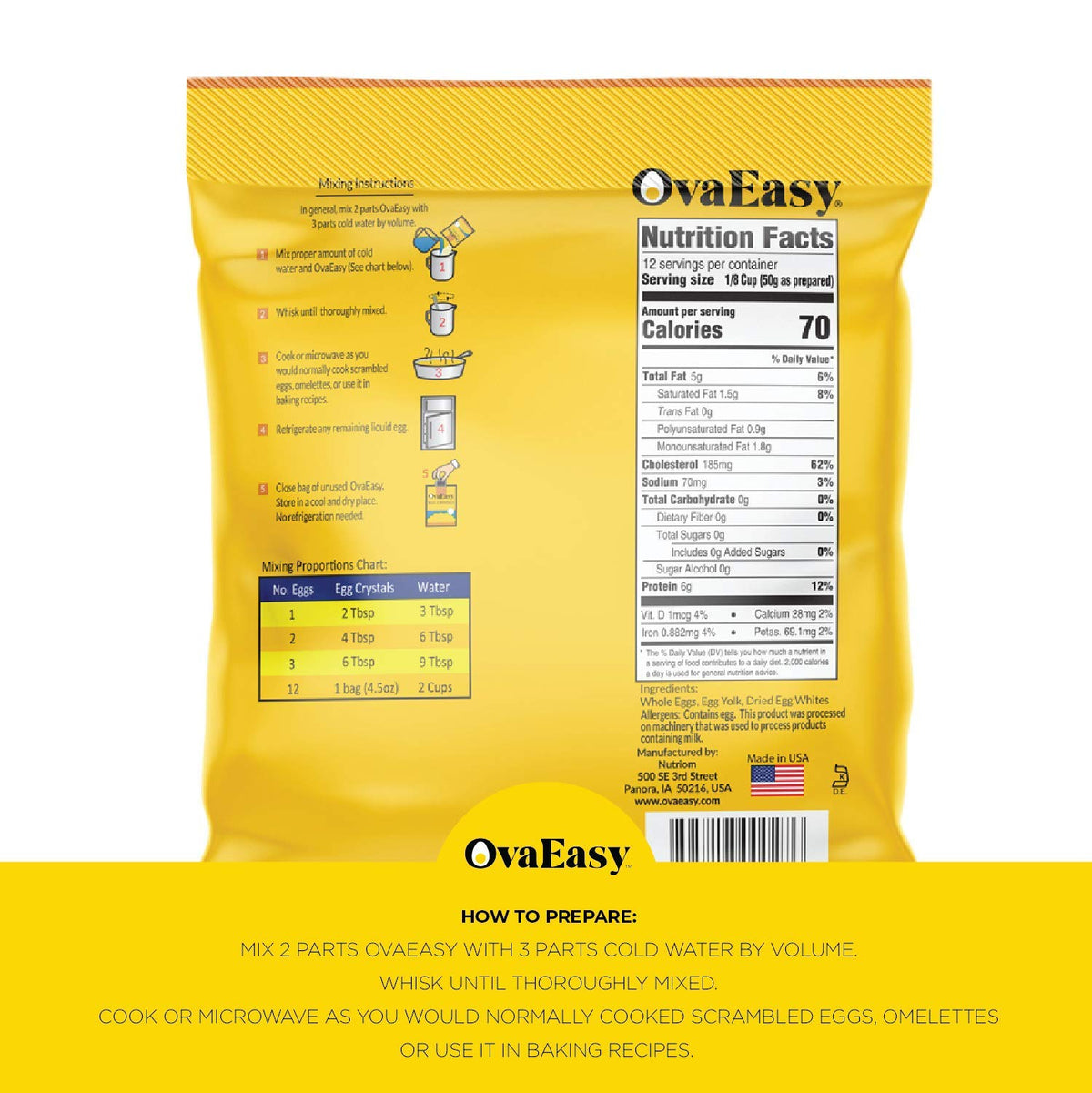 OvaEasy dehydrated eggs heat quickly for simple camp meals.