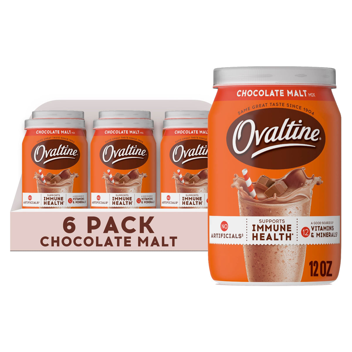Ovaltine Chocolate Malt powder canister adds rich flavor to dairy and plant milks.