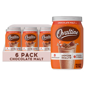 Ovaltine Chocolate Malt powder canister adds rich flavor to dairy and plant milks.