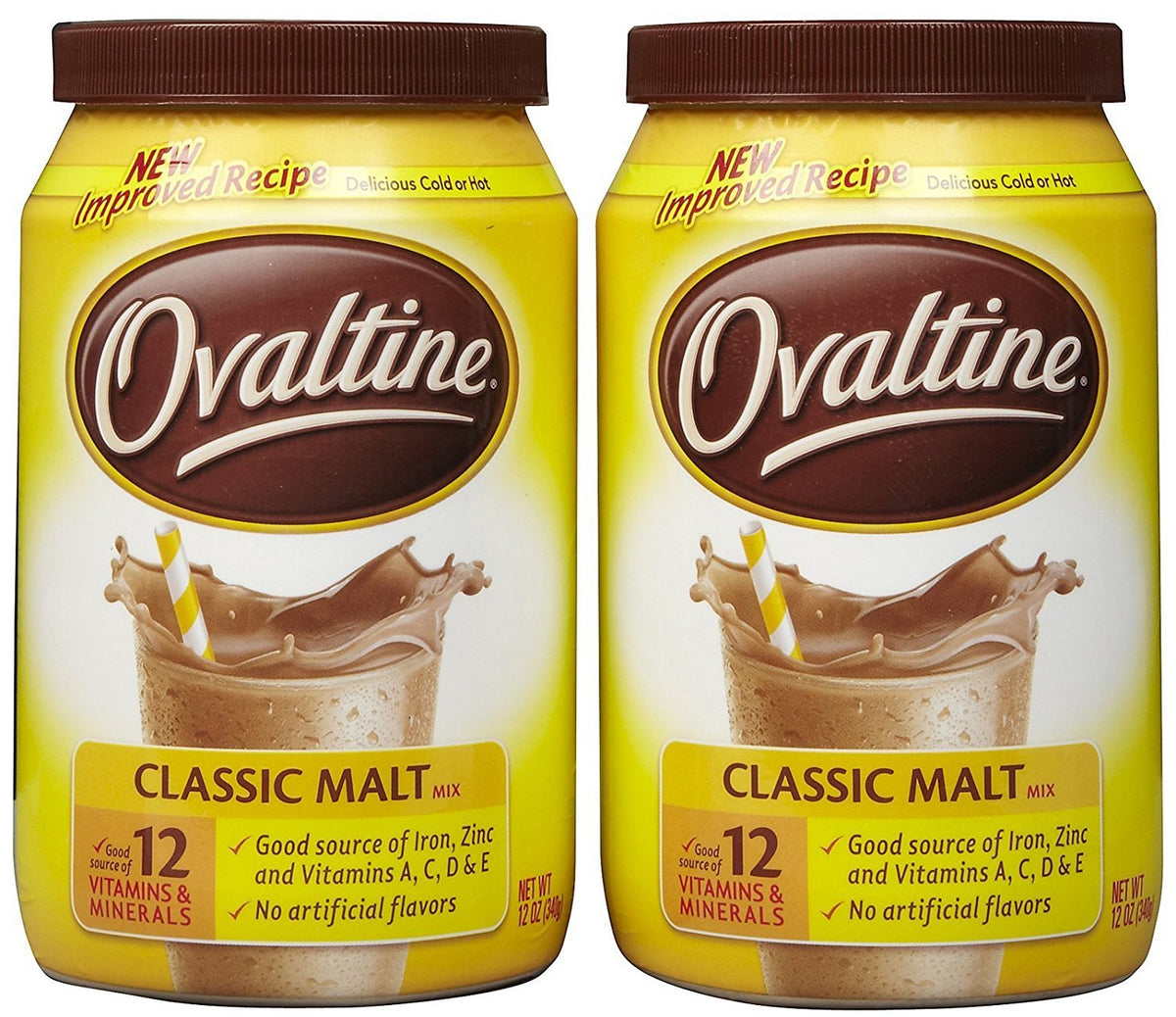 Ovaltine Classic Malt pack-2 on a kitchen counter offers a comforting chocolate malt drink option.