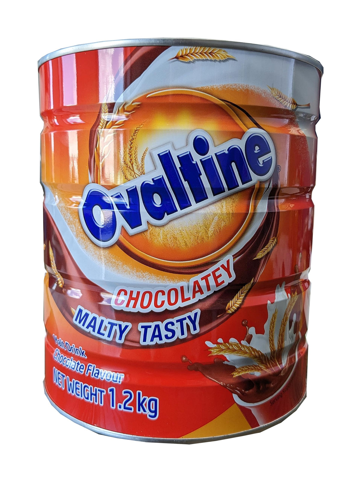 Ovaltine front tin view highlights classic malt chocolate flavor for family rituals.
